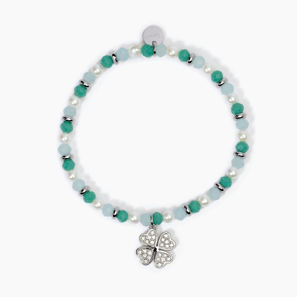 Pulsera con Perlas de Concha de Cristal y Trébol de Cuatro Hojas 232421