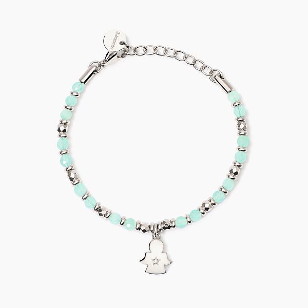 Bracciale Acciaio con Sfere Verde Chiaro e Angelo 232526