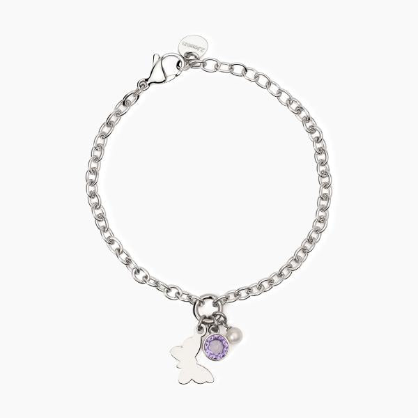 Bracciale Acciaio con Farfalla, Zircone Viola e Perla 4mm 232544