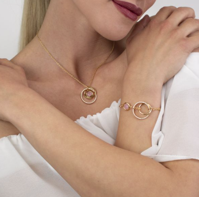 Pulsera Dorada con Piedra Cuarzo Rosa y Circonitas XB1007D