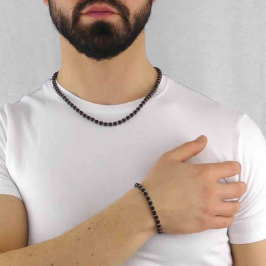 Collar con Esferas de Ágata Negra y Pvd Rosa AGR223R