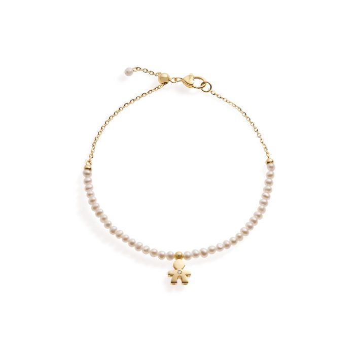 Pulsera con Bimbo en Oro Amarillo, Perlas de 3mm y Diamante LBB822