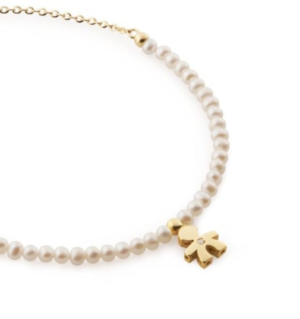 Pulsera con Bimbo en Oro Amarillo, Perlas de 3mm y Diamante LBB822