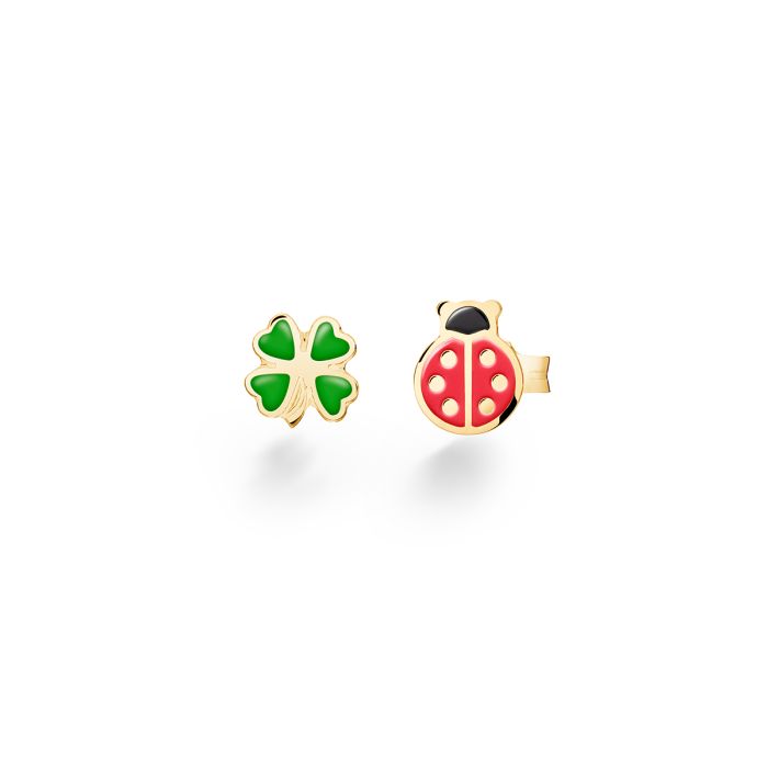 Orecchini Fortuna con Coccinella o e Quadrifoglio Dorati PMG053