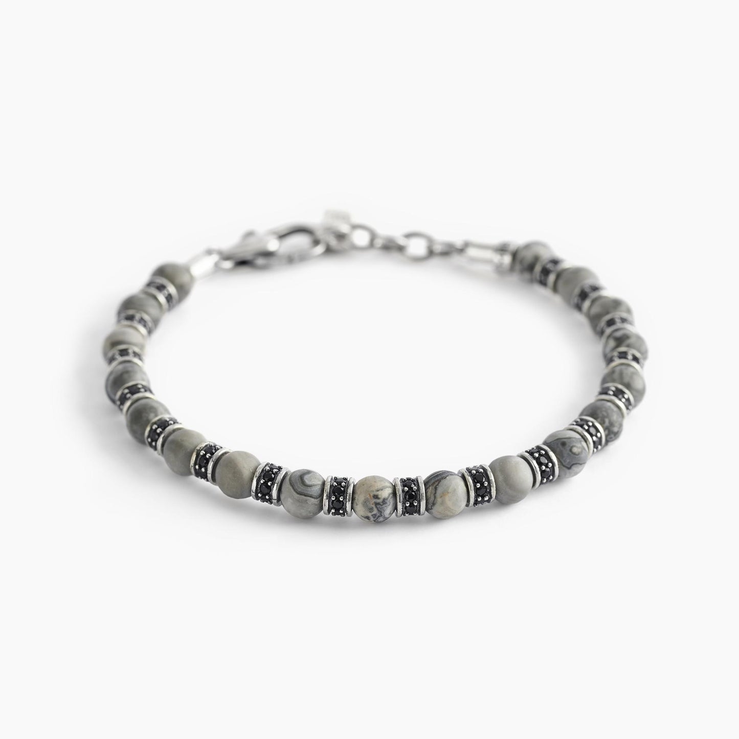 Pulsera Rolling Stone Hombre Ágata Gris Esferas y Circonitas Negras 533526