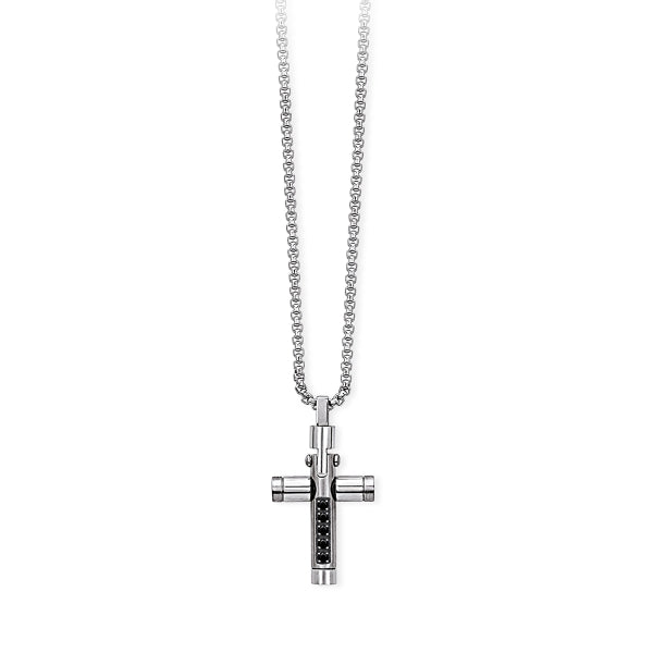 Collar de Hombre en Acero con Cruz y Cristales Negros 251598