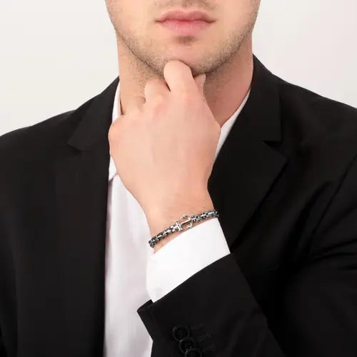 Pulsera Hombre Cerámica Acero y Negro con Ancla SACU10