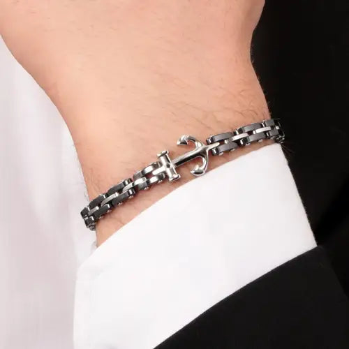 Pulsera Hombre Cerámica Acero y Negro con Ancla SACU10