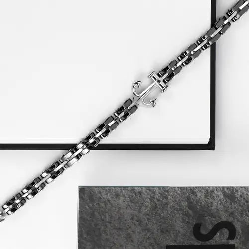 Pulsera Hombre Cerámica Acero y Negro con Ancla SACU10