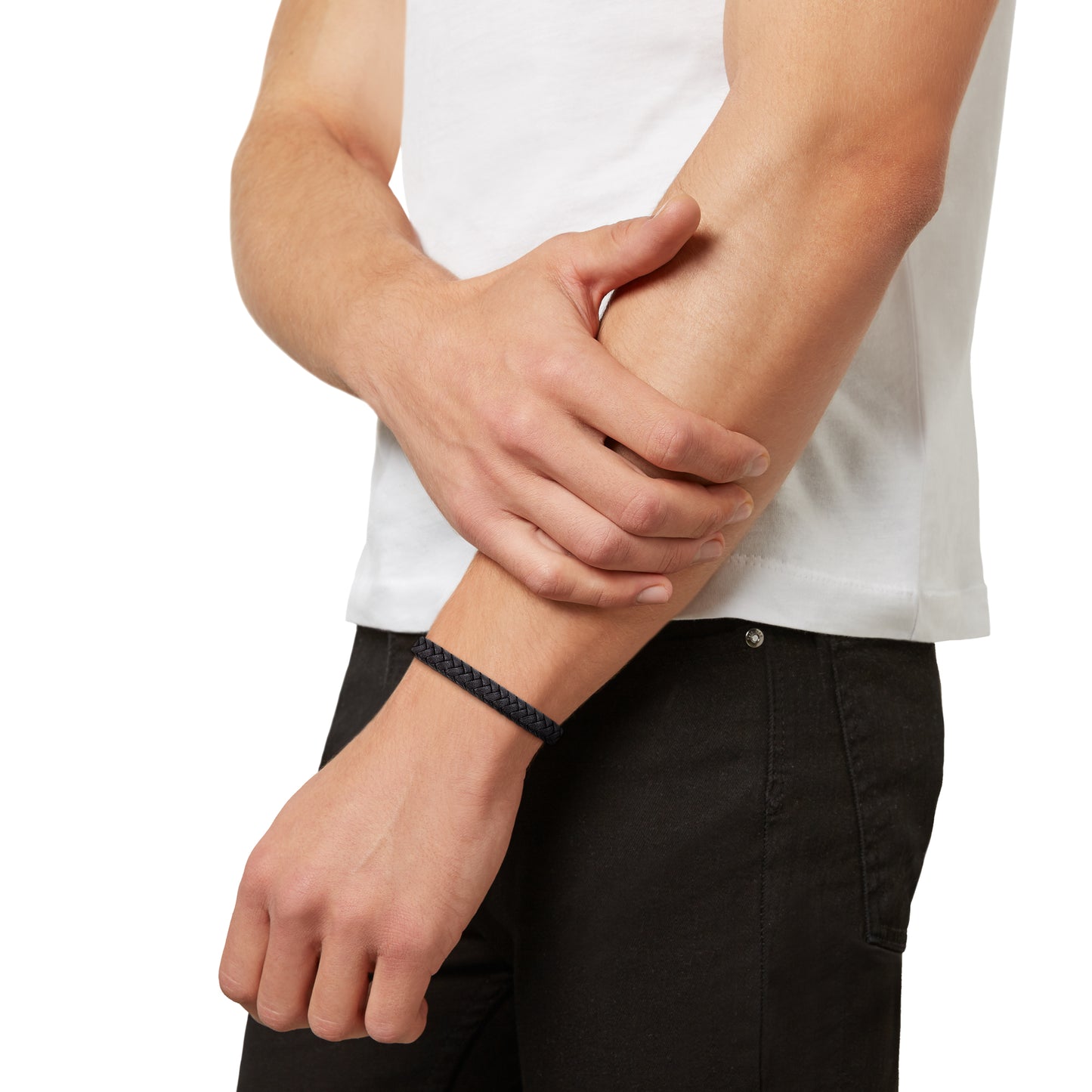 Bracciale Uomo B Mix Silver e Pelle Intrecciata Nera TJ3133