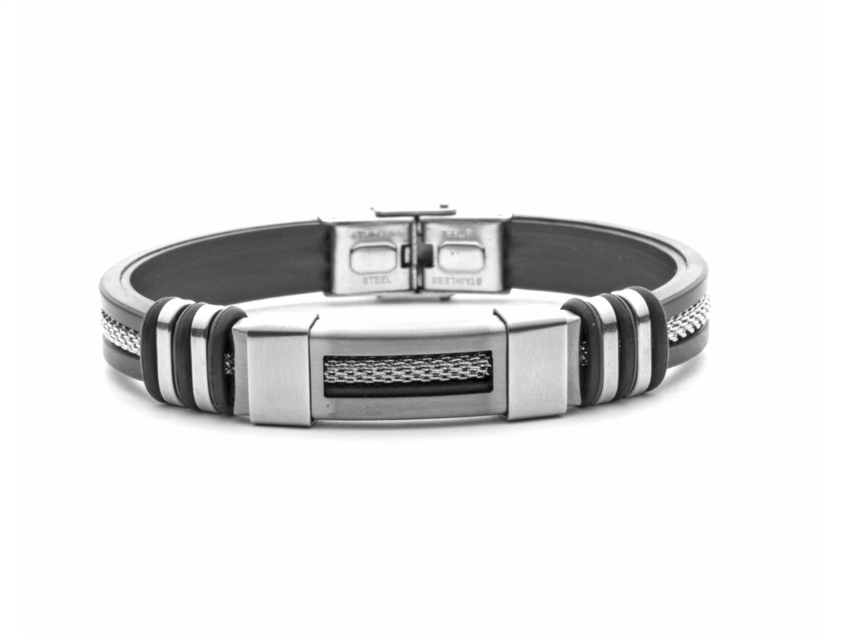 4US Pulsera de acero y caucho negro para hombre 4UBR5645