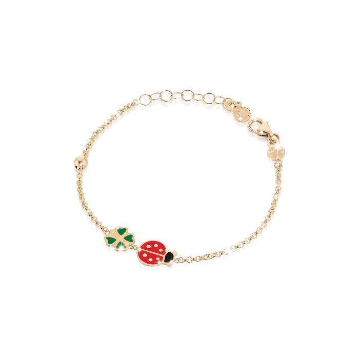Pulsera Fortuna de Oro Amarillo con Mariquita y Trébol de Cuatro Hojas PMG032