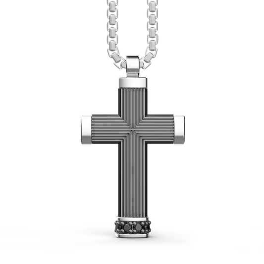 Collana Uomo Brunito con Croce e Pietre Nere EXC481-N