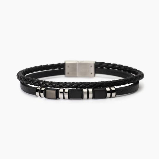 Bracciale Uomo in Acciaio e Similpelle Nera 232556