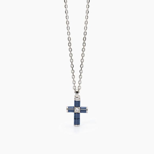 Collana Uomo con Croce in Ceramica Blu e Cristallo 251924