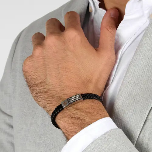 Bracciale Uomo Recycled Leather Acciaio e Nero JM424AVE26