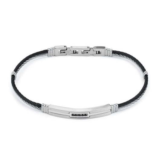 Bracciale Uomo con Cordino Nero e Rodiato con Cubic Zirconia Nera ABR692