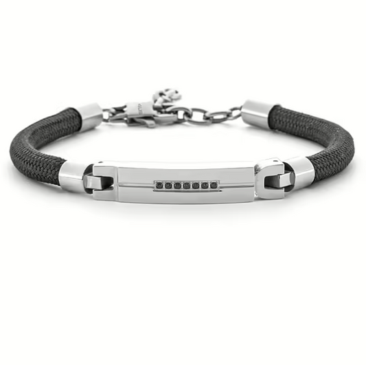 Bracciale Uomo 4US in Acciaio, Zirconi e Corda Nera 4UBR6193