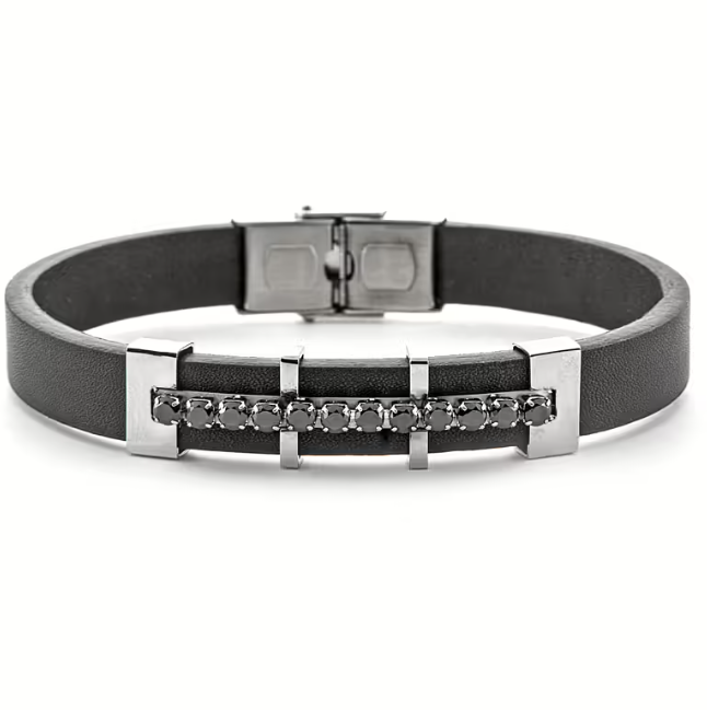 Bracciale Uomo 4US in Ecopelle Nera e Zirconi 4UBR6210