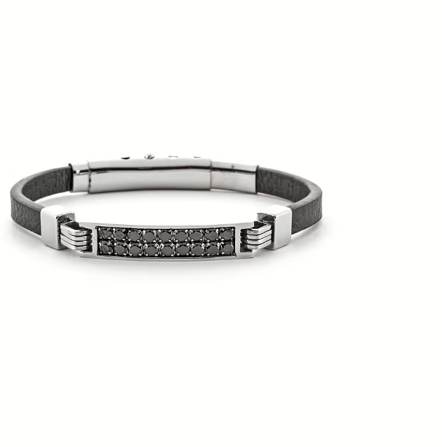 Bracciale Uomo 4US in Acciaio con Ecopelle e Zirconi Neri 4UBR6212