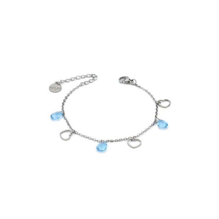 Bracciale Rodiato con Cuori e Quarzi in Acquamarina MK/BR08