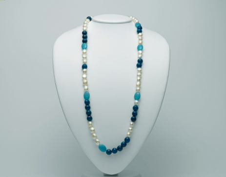 Collana Lunga con Agata Blu e Perle Barocche 11mm 12mm PCL5962