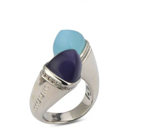 Anello Contrariè con Cristalli Aquamilk e Tanzanite KAN009A