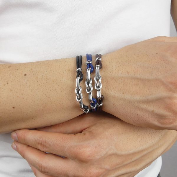 Bracciale Uomo in Pelle Blu con Nodo Piano MBR142B