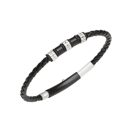 Bracciale Uomo Wanderlust in Acciaio e Pelle Nera Intrecciata TJ3369