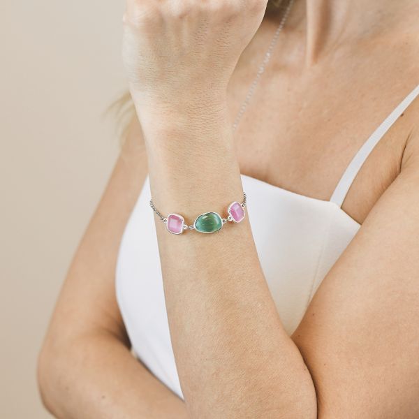 Bracciale Rodiato con Cristalli Rosa Baby e Acquamarina XB1015A