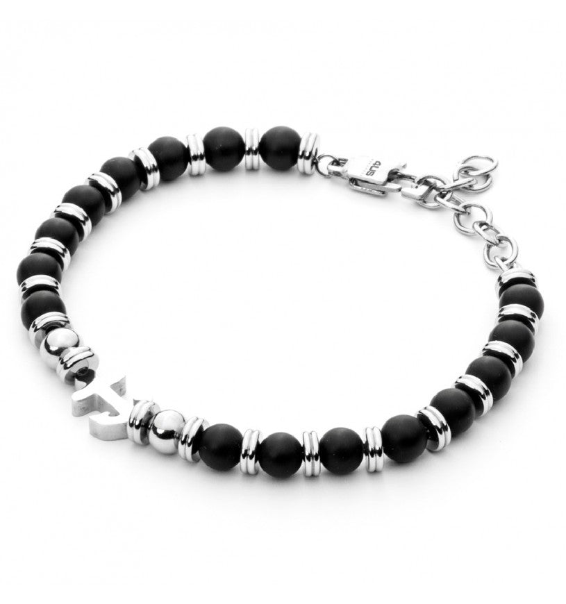 Bracciale Uomo 4US con Sfere Onice Nera e Ancora 4UBR4957