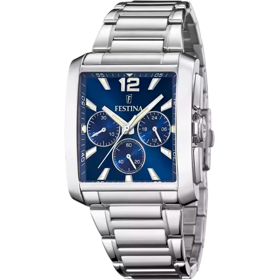 Reloj rectangular azul y acero F20635/2 para hombre