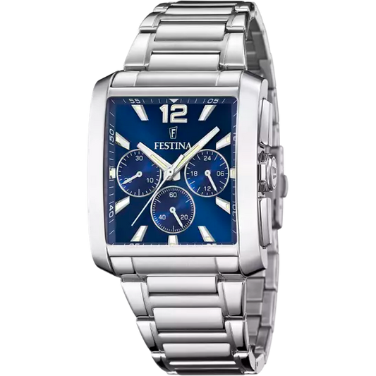 Reloj rectangular azul y acero F20635/2 para hombre