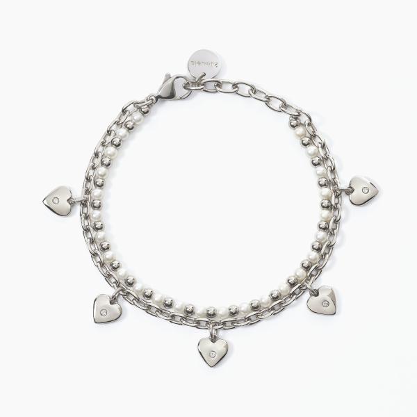 Pulsera con Perla de Concha, Bolas de Acero y Corazones 232318