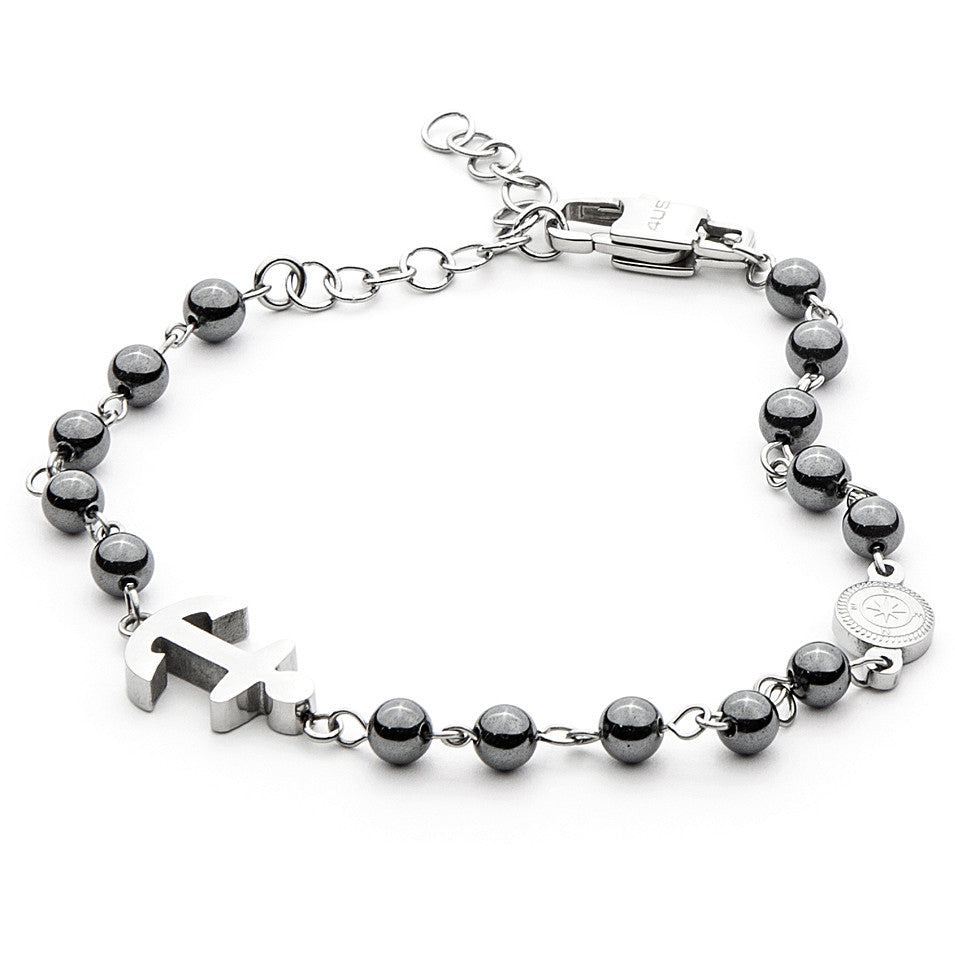 Pulsera de hombre 4US Rosario y ancla con esferas de hematites 4UBR4454