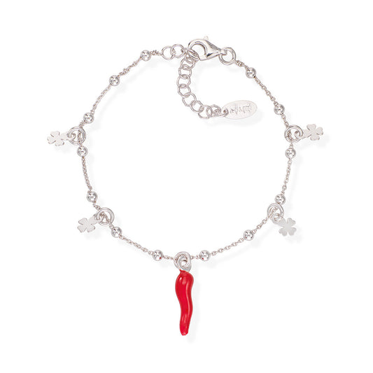 Pulsera Corneta y Trébol de Cuatro Hojas Rodio BRCSQBR
