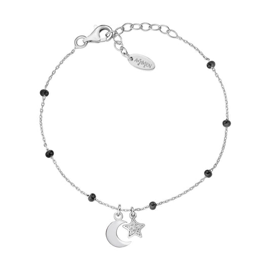 Pulsera Rodio y Esmalte Negro Luna y Estrella BRSMLSZBN