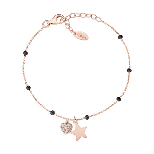 Pulsera Rosa y Esmalte Negro Estrella y Corazón BRSMSCZRN