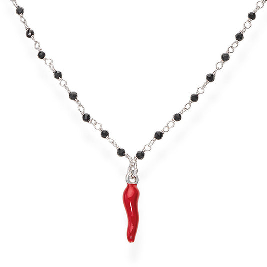 Collana Cornetto e Cristalli Neri CLCOBNR