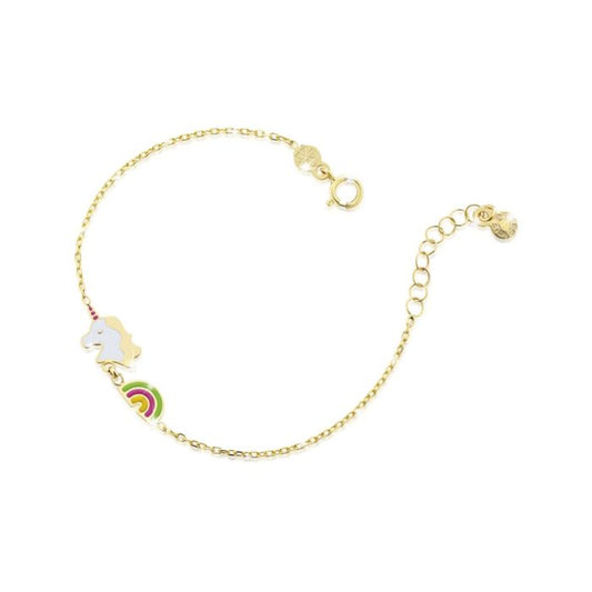 Pulsera Toys de Oro Amarillo con Unicornio y Arcoiris PMG073